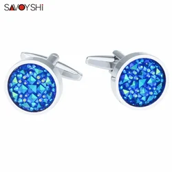 SAVOYSHI Round Blue Crystal Cufflinks For Mens Shirt Accessories High Quality Fashion Brand Cuff Buttons Wedding Gift Jewelry