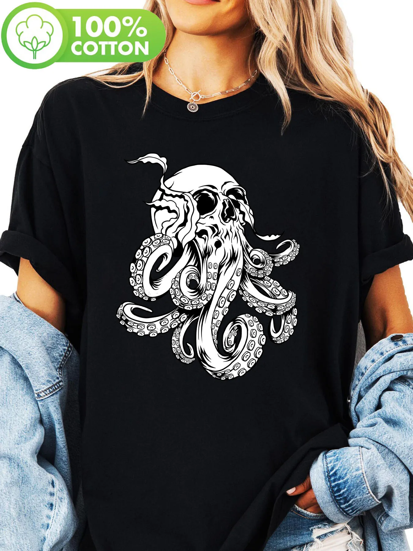 Women's Plus Size Skull Octopus Pattern T-shirt Cotton Breathable Fashionable and Versatile Unisex Streetwear Oversized
