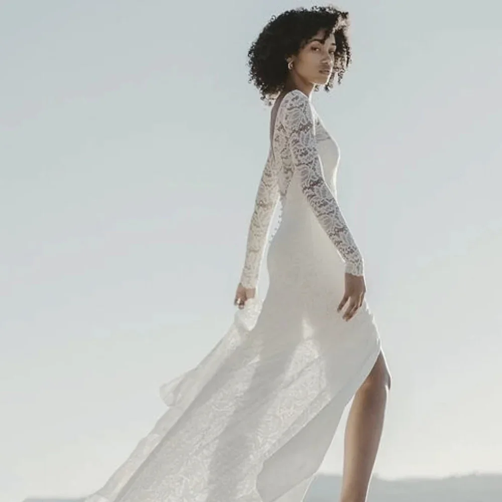 Robes De mariée blanches sirène en dentelle, Sexy, manches longues, dos Illusin, longueur au sol, robe fendue sur le côté