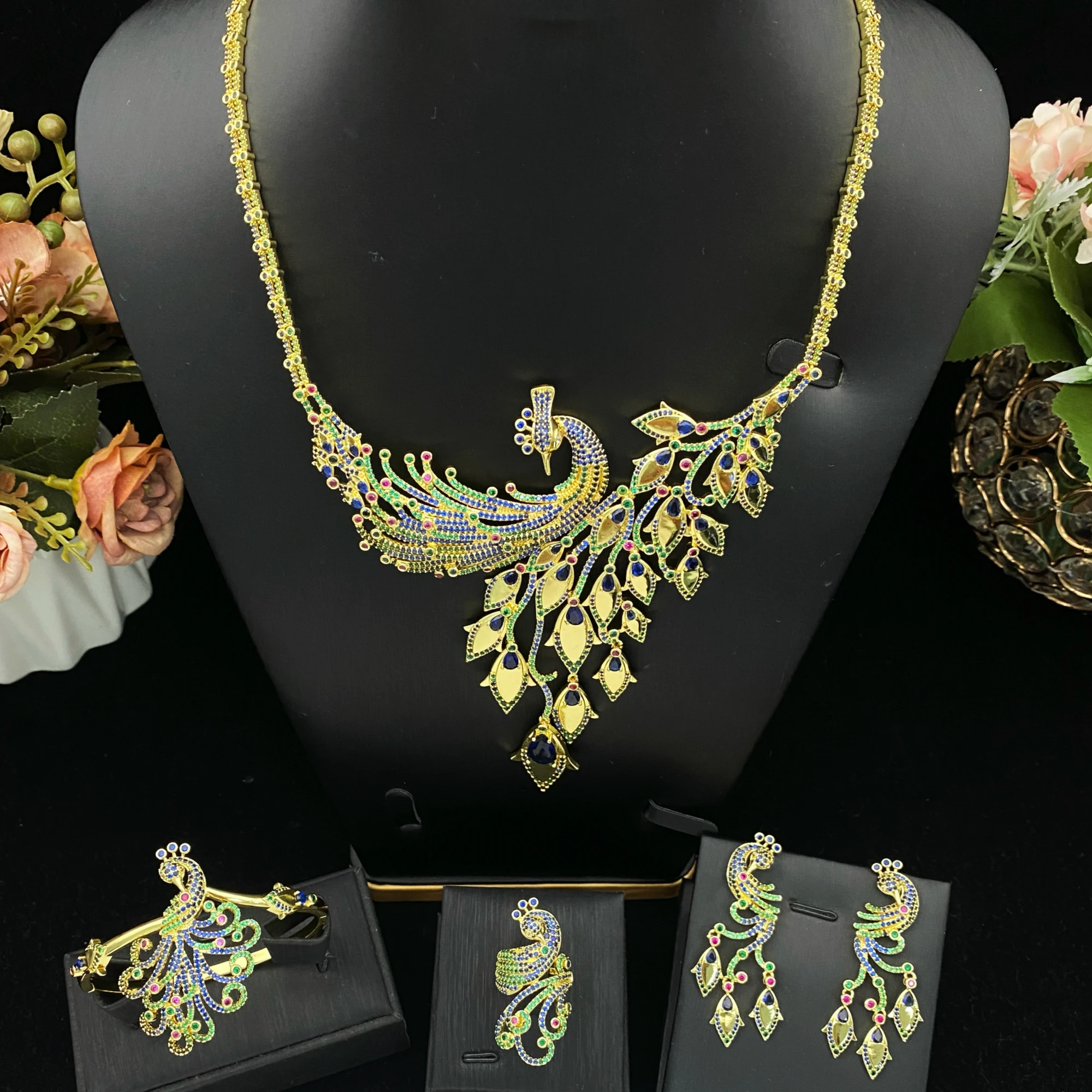 

JRH 4Pcs Peacock Design Gold Plated Zirconia Jewelry Set Necklace Earrings Bracelet Ring Luxury Gift for Women Holiday Gifts