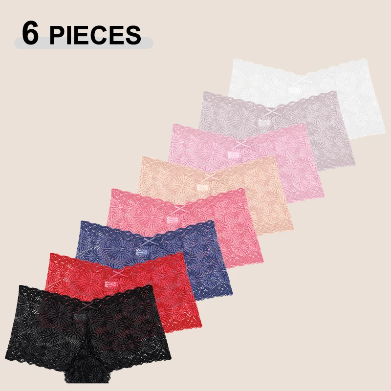 Boxer Sexy en dentelle sans couture pour femmes, 6 pièces, couleur unie, ajouré, tournesol, nœud papillon, Lingerie intime transparente