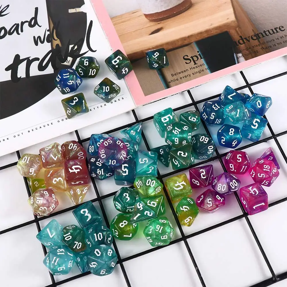 Family Party Number Table Game Playing Games 7-Die Iridescent Glitter Polyhedral Dice Two-tone Dice Set Carved Pattern Dice Set