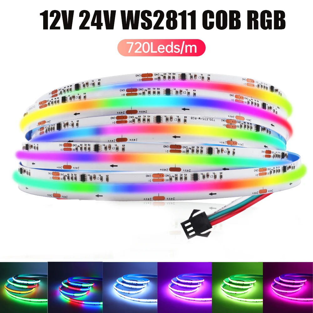 WS2811 COB RGBIC LED Strip 12V 24V 720LEDs Addressable Dream Color Home Decor High Bright Dotless Led Tape Diode Flexible Ribbon