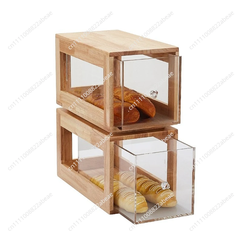 Drawer type bread storage box 2 layers bamboo bread box cake stand kitchen counter wooden frame display dessert carton