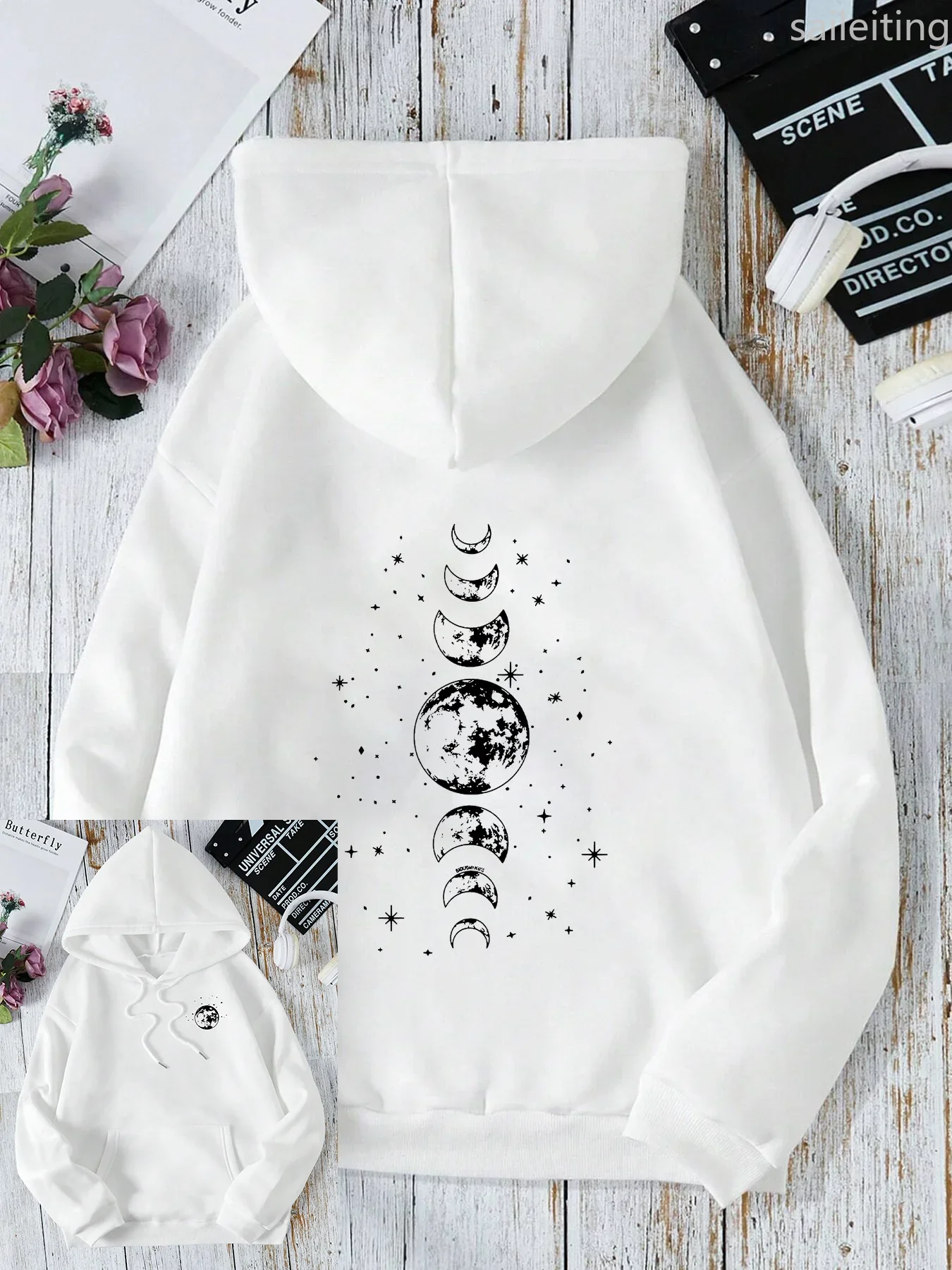 New with Different Moon Prints Front and Back Printed kangaroo pocket Hoodies Casual and Fashionable Women's Clothing