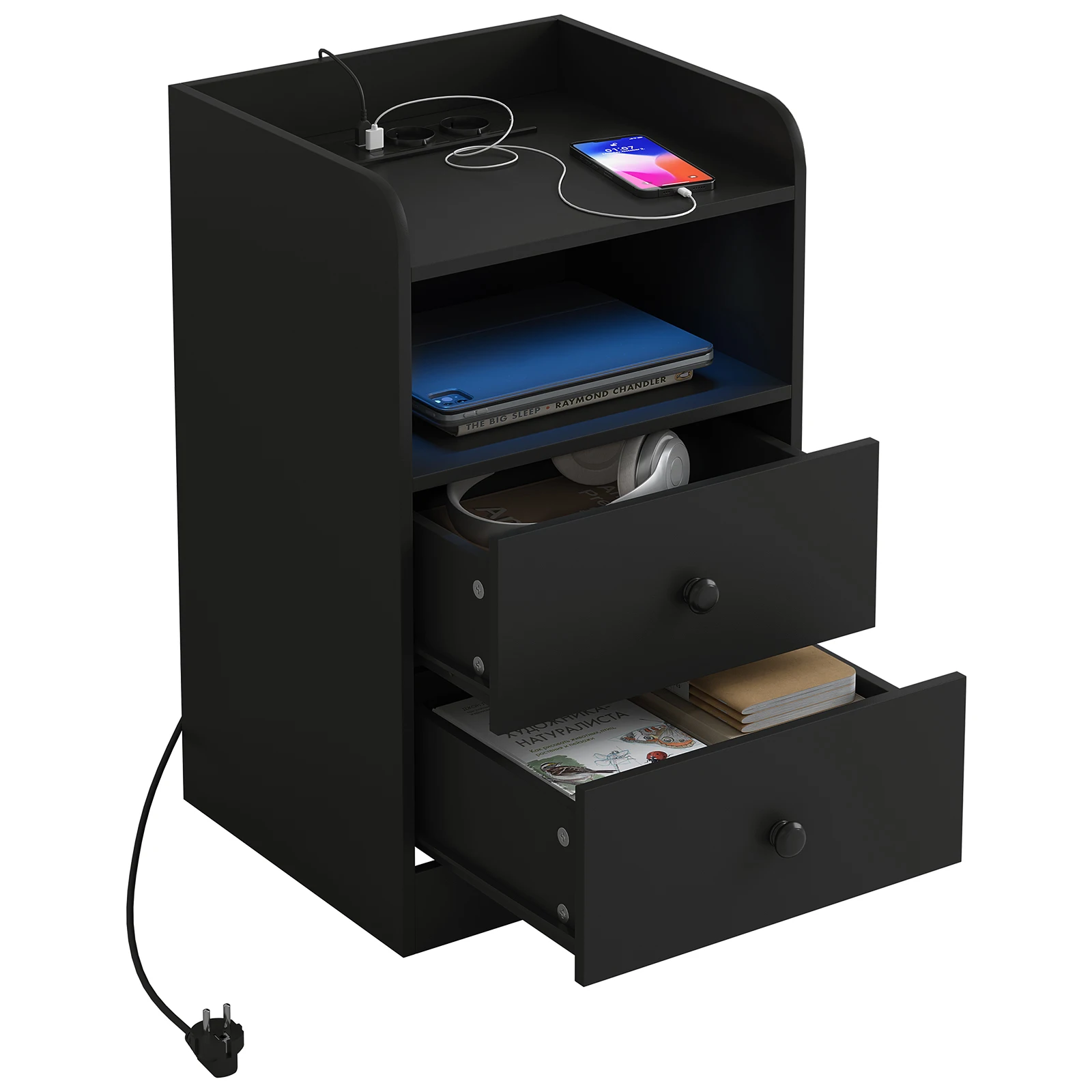 WOLTU Nachttisch, Nachttisch mit Ladestation, USB-Steckdosen, Anschlüsse, Beistelltisch mit LED-Licht, Bettüberzugs-Tisch, Schlafzimmer-Tisch aus Holz – Detail 16