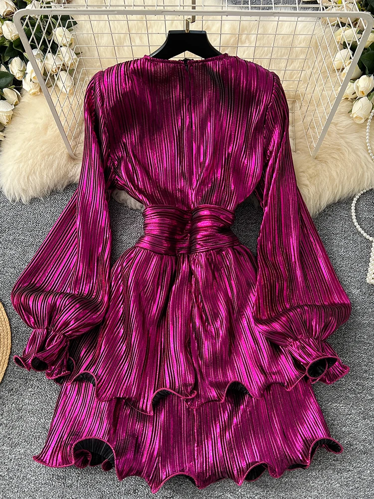 Women's Rose Red A-line 3D Floral Dress Vintage Long Sleeve V-Neck Luxury Dresses Y2k Party Club One Piece Frocks 2000s Clothes