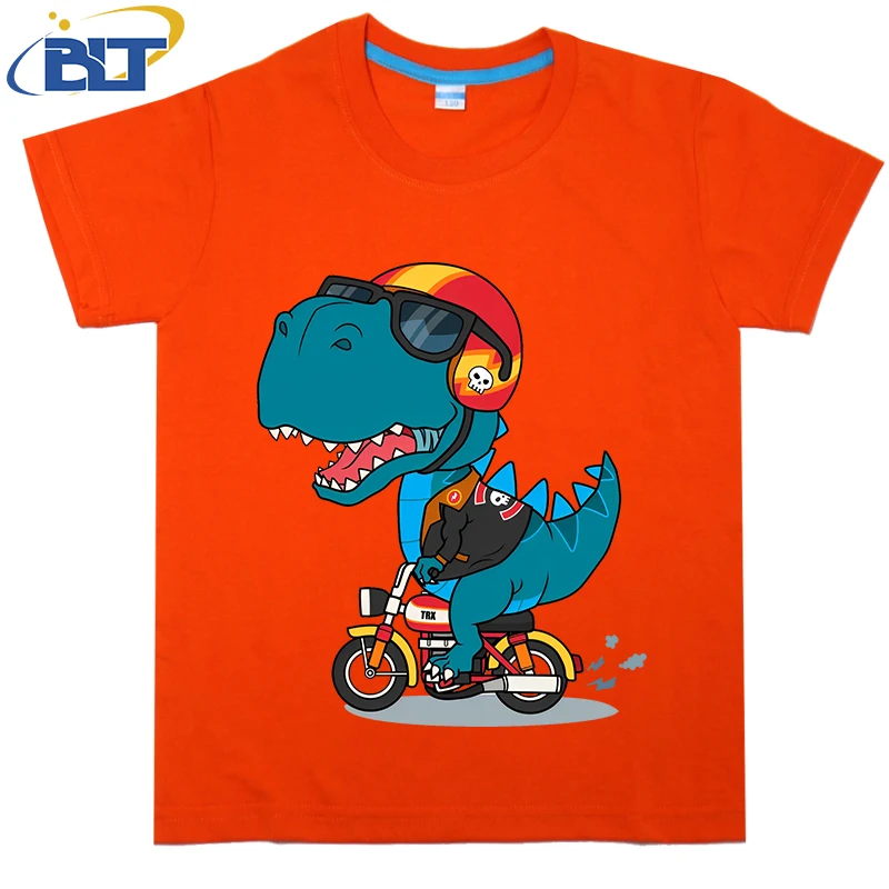 Camiseta fresca con estampado de motorista t-rex para niños, top informal de manga corta de algodón de verano, adecuado para niños y niñas