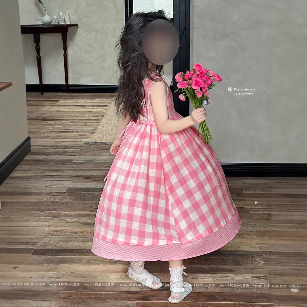 

Girls' Dress Summer New Casual Pink Checkered Sleeveless Vest Dress Kids Fashion and Beautiful Long Skirt
