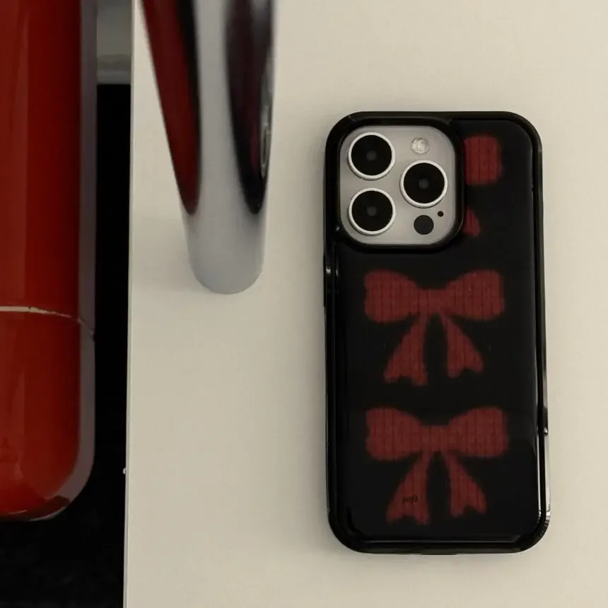 เคสโทรศัพท์ลายโบว์สีแดงน่ารักแบบเต็มจอสำหรับฤดูหนาว ผิวมันวาว สำหรับ iPhone 17 AIR 16 15 14 13 12 11 Pro MAX Plus Y2K ป้องกันการกระแทก