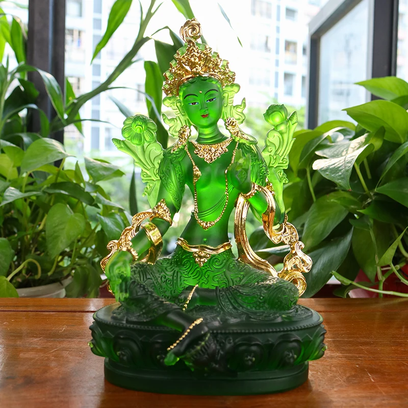 

Ancient Glass Gilded Green Tara Buddha Statue Hand Painted Guanyin Bodhisattva Home Decor Multi Sizes