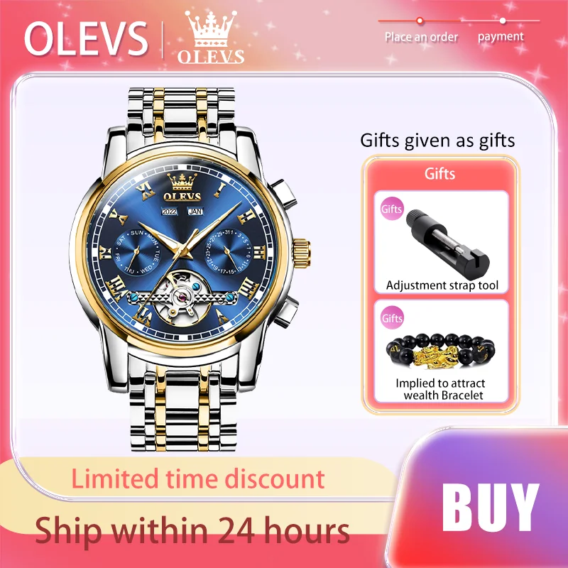 OLEVS Top marque hommes montres étanche entièrement automatique montre mécanique calendrier semaine évider lumineux mâle montre-bracelet