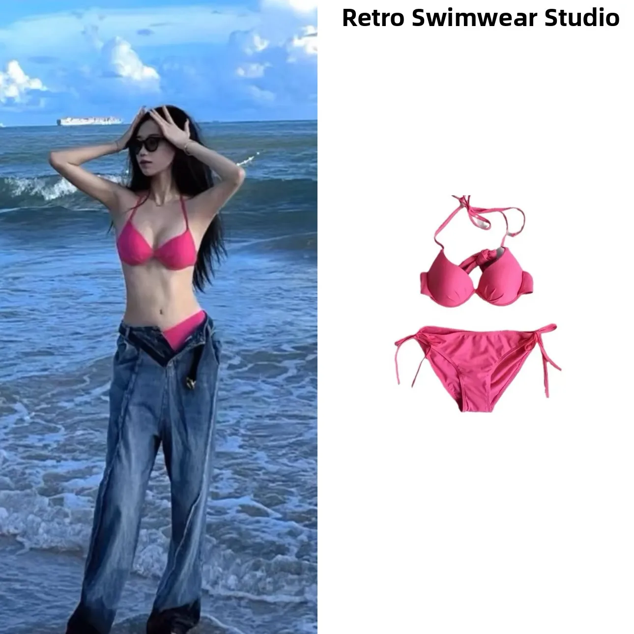 

Ретро-бикини Pinki Red с эффектом пуш-ап для небольшой груди, женский спортивный купальник для йоги и фитнеса