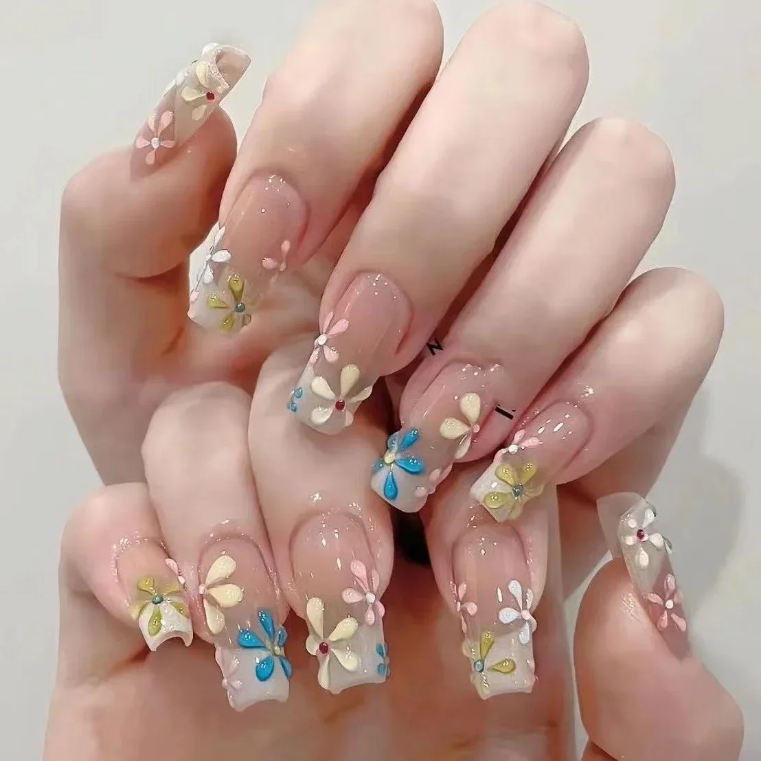 10Pcs Handmade Press on Nails Full Cover Cartoon French Cubic Summer Flowers Ballerina Sweet Manicure False Nails Nail Tips Art