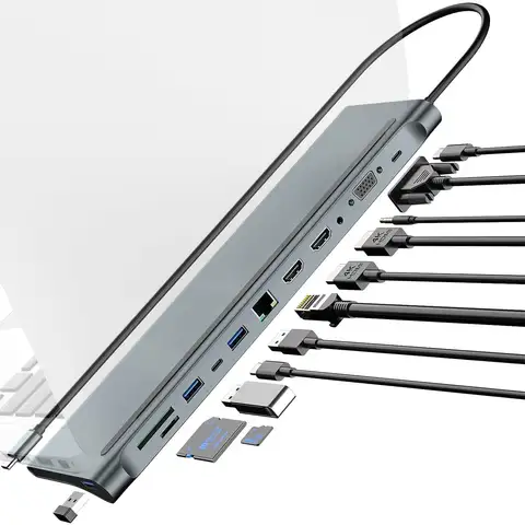 12 in 1 MST USB C Docking Station with USB Ports Dual 4K HDTV VGA 3.5 Audio PD 100W SD TF Ethernet Laptop for MacBook Dell XPS
