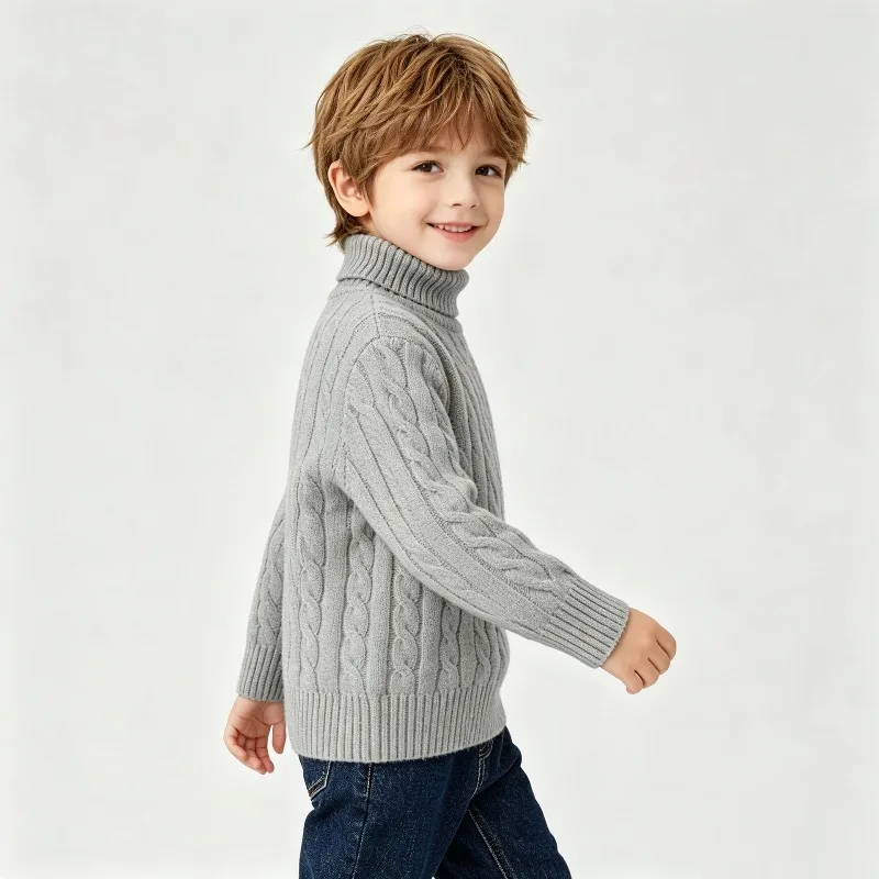 2026 Herbst Kinder Jungen Zopfmuster Rollkragenpullover Kinder Baumwolle Langarm Pullover Winter 2-12 Jahre Warme Basisschicht Strickwaren – Detail 4