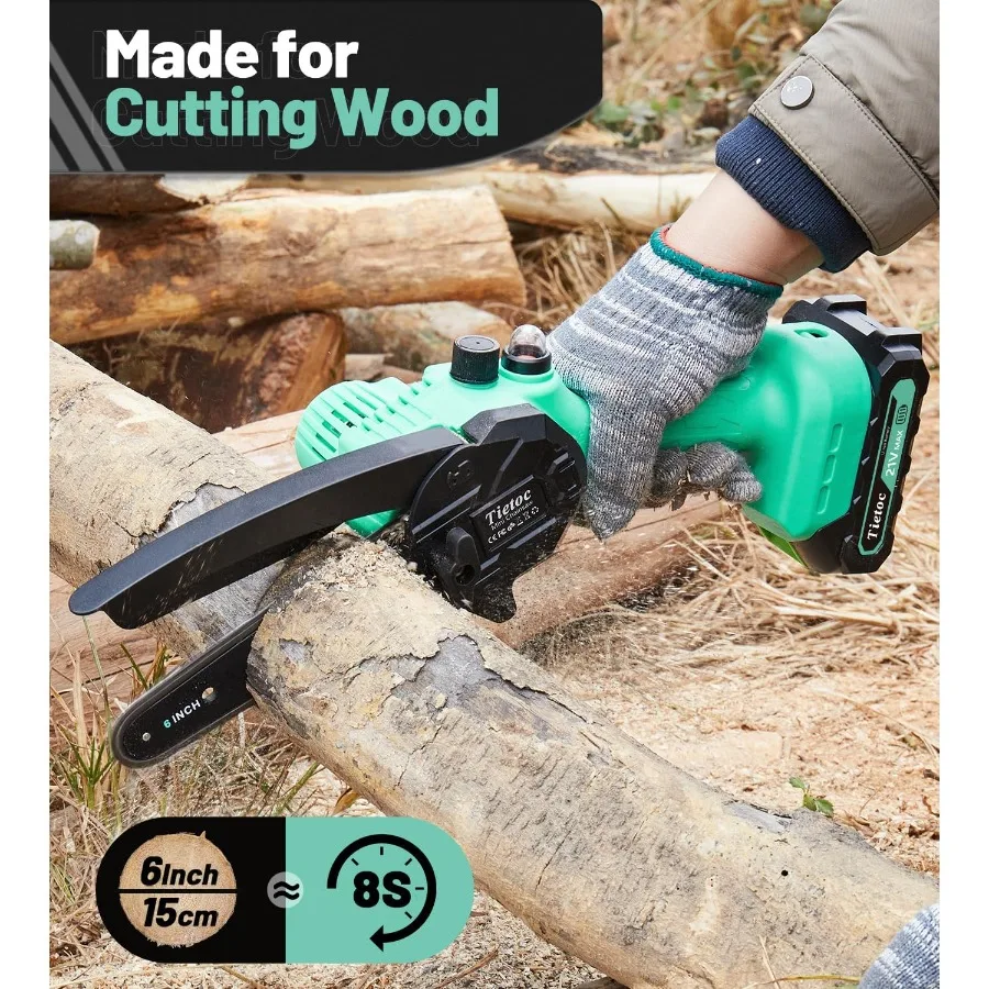 ミニチェーンソー 6インチ、バッテリー2個付き、屋外ガーデニングや木材切断用電動ノコギリ、コンパクトなコードレスチェーンソー