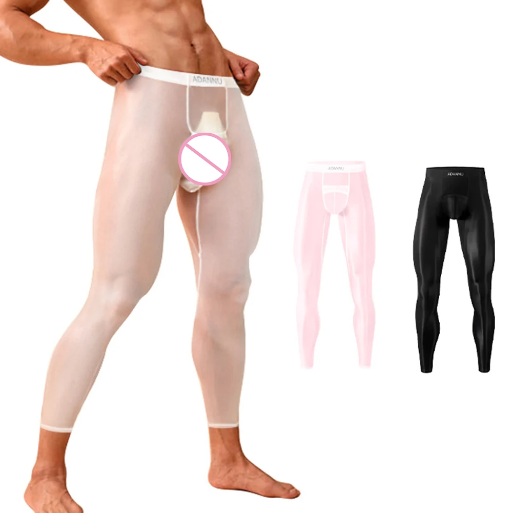 

Sexy Mens Leggings Trousers See Through Low Waist Pants Elastic Long Boxer Underwear Bulge Pouch Lingerie