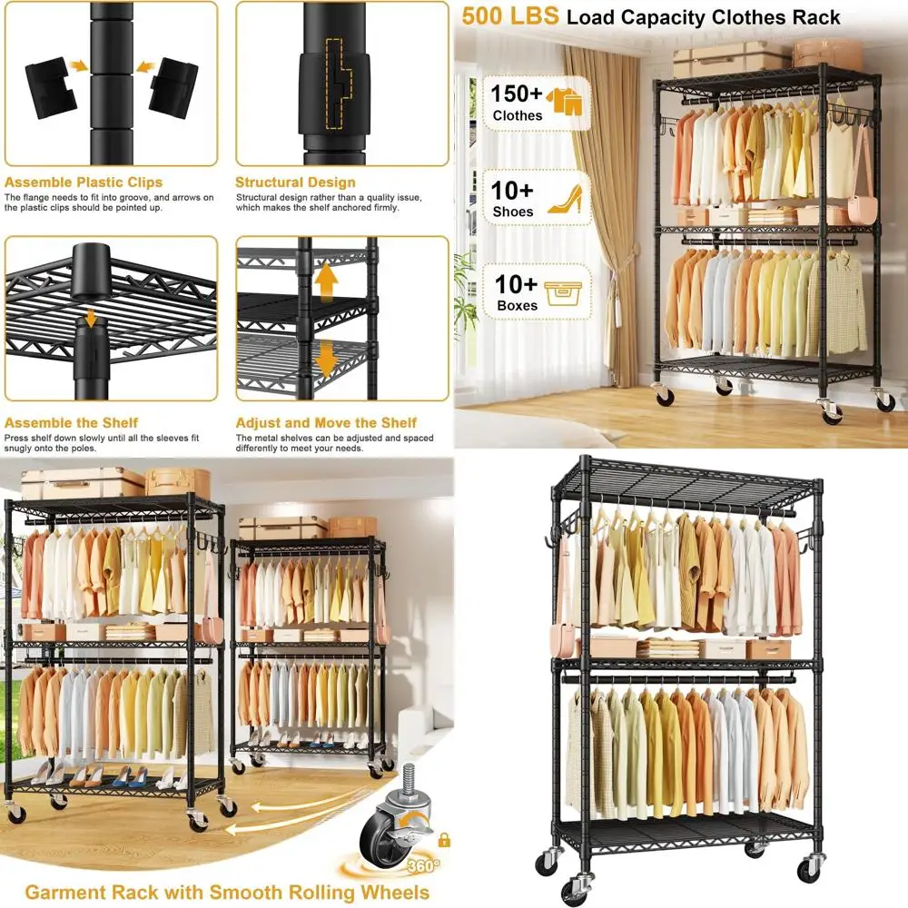 

Portable Rolling Clothes Rack, Heavy-Duty Wardrobe with Wheels, 35.5x15.7x80.5, Holds 500lbs, Black