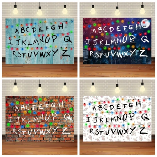 Imagen 1 del producto Fondo con tema Stranger, textura rústica de madera, luces coloridas, fondo de la serie de cosas del alfabeto, fotografía de fiesta de cumpleaños para niños