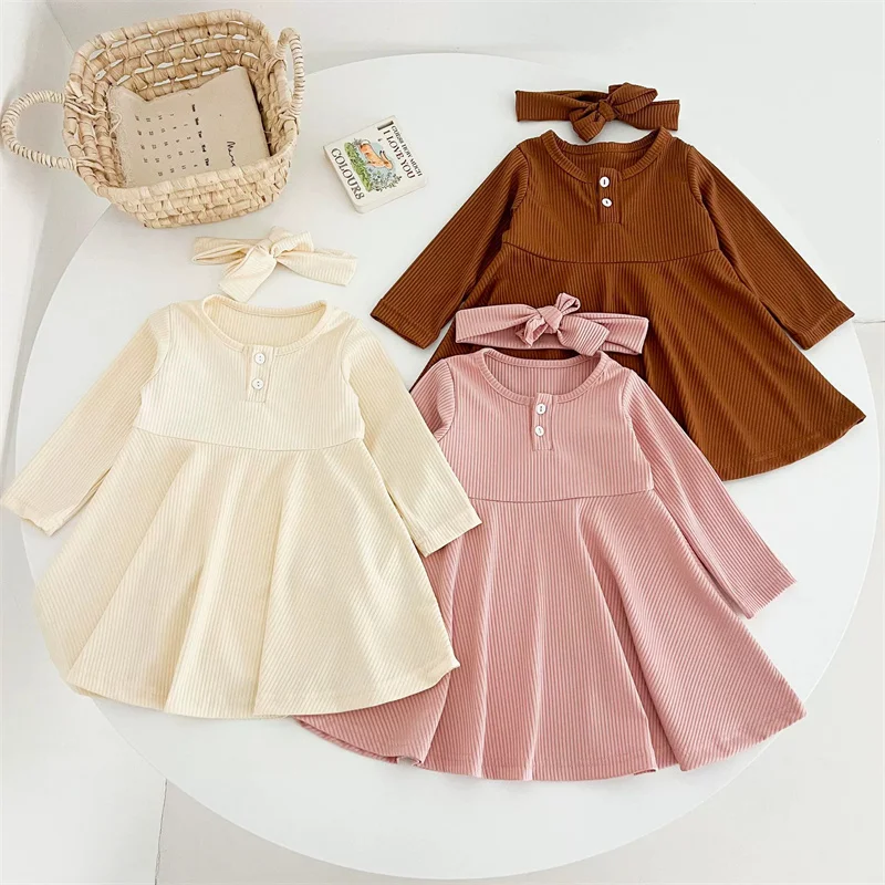 Girls Autumn Dresses Baby Long Sleeve Dress Children Round Neck Casual Frock New Sweet Solid Gown Children Birthday Party Clothe