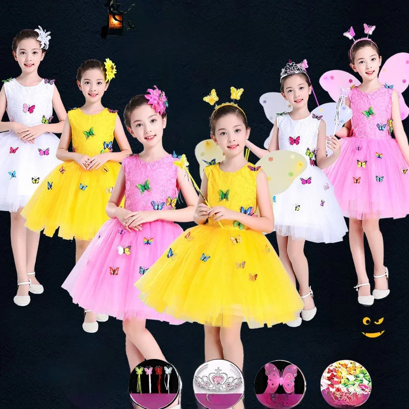 

Children's Performance Outfit Girl's Dance Skirt with Puffy Tulle Princ Dr with Wings loween Stage Perform...