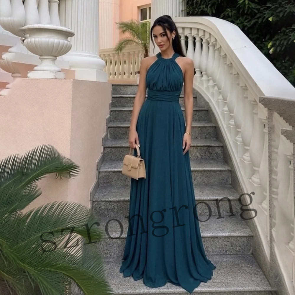 Customized Modern Scoop Neck Chiffon Pleated Formal Evening Bridal Dress Backless A-line Floor Length Flowing Prom Party Dress
