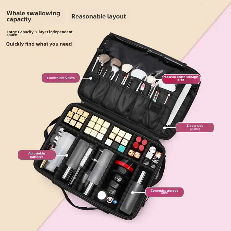 Manufacturer wholesale cosmetic bag women's portable large-capacity professional makeup artist and cosmetics cosmetics bag ta...