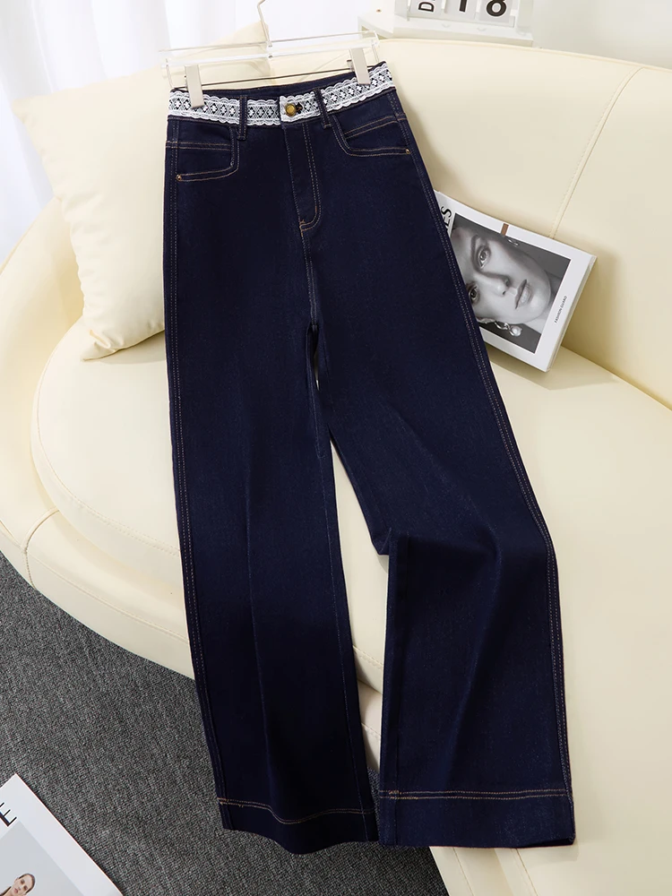 

Deep Blue Slim Fit Wide Leg Denim Jeans Women Summer Thin High Waist Straight Leg Pants Lace Trim Flattering Slimming Effect