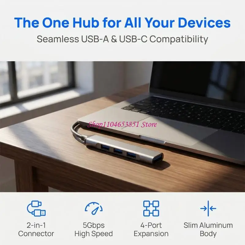 4-Way USB Expander with USB-A and USB C Host Inputs,One 5Gbps Output and Three Standard Outputs USB Adapter for Moving Data