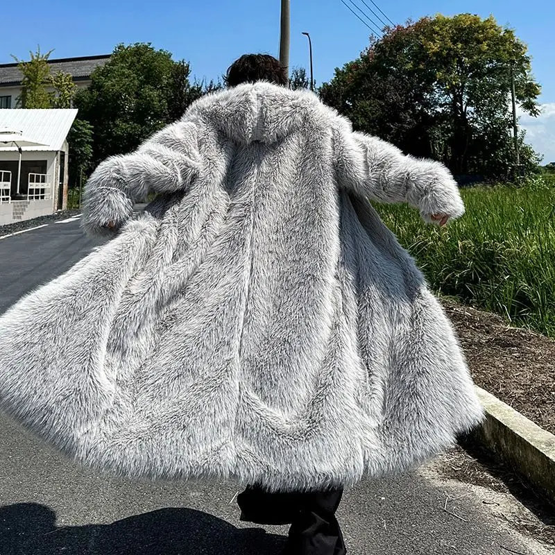 

Hot Selling Cold Resistant Long Gray Hooded Thick Warm and Fashionable Faux Fur Coat 2025 New Men's Jacket Trend