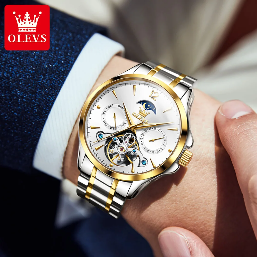 Imagem -05 - Olevs-relógio Impermeável Moon Phase para Homens Relógios de Pulso Mecânicos Automáticos Esqueleto de Luxo Relógios Tourbillon Moonsver Masculino