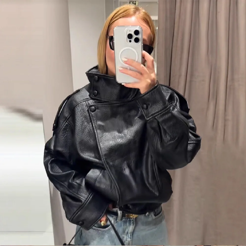 

Women Fashion PU Leather Jackets Stand Collar Full Sleeve Double Button High Street Coats Lady Casual Streetwear Outerwear