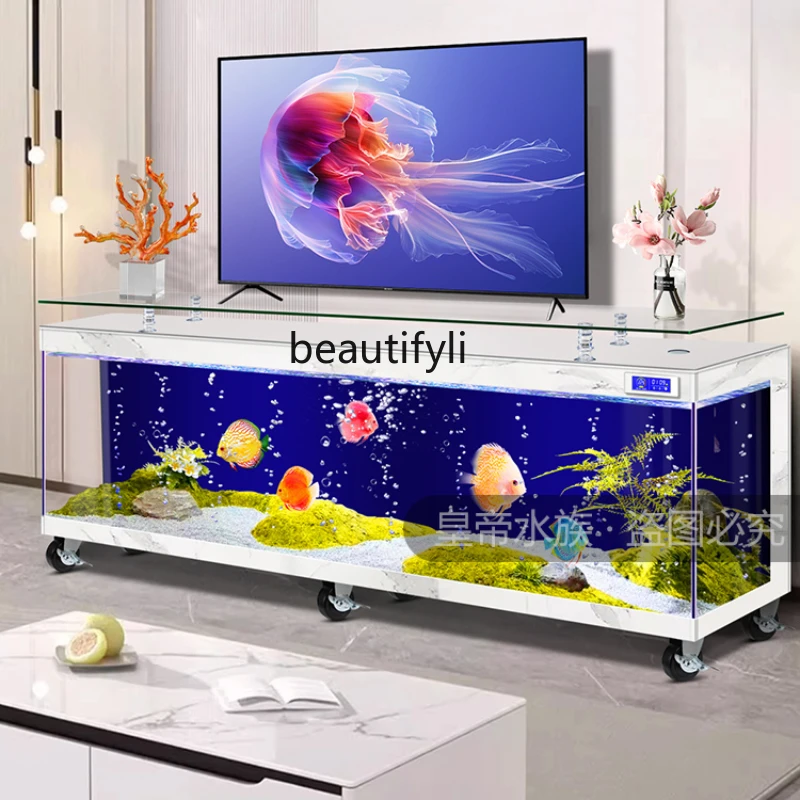 TV Cabinet Fish Tank with Pulley Super White Glass Floor Living Room Home Coffee Table Aquarium