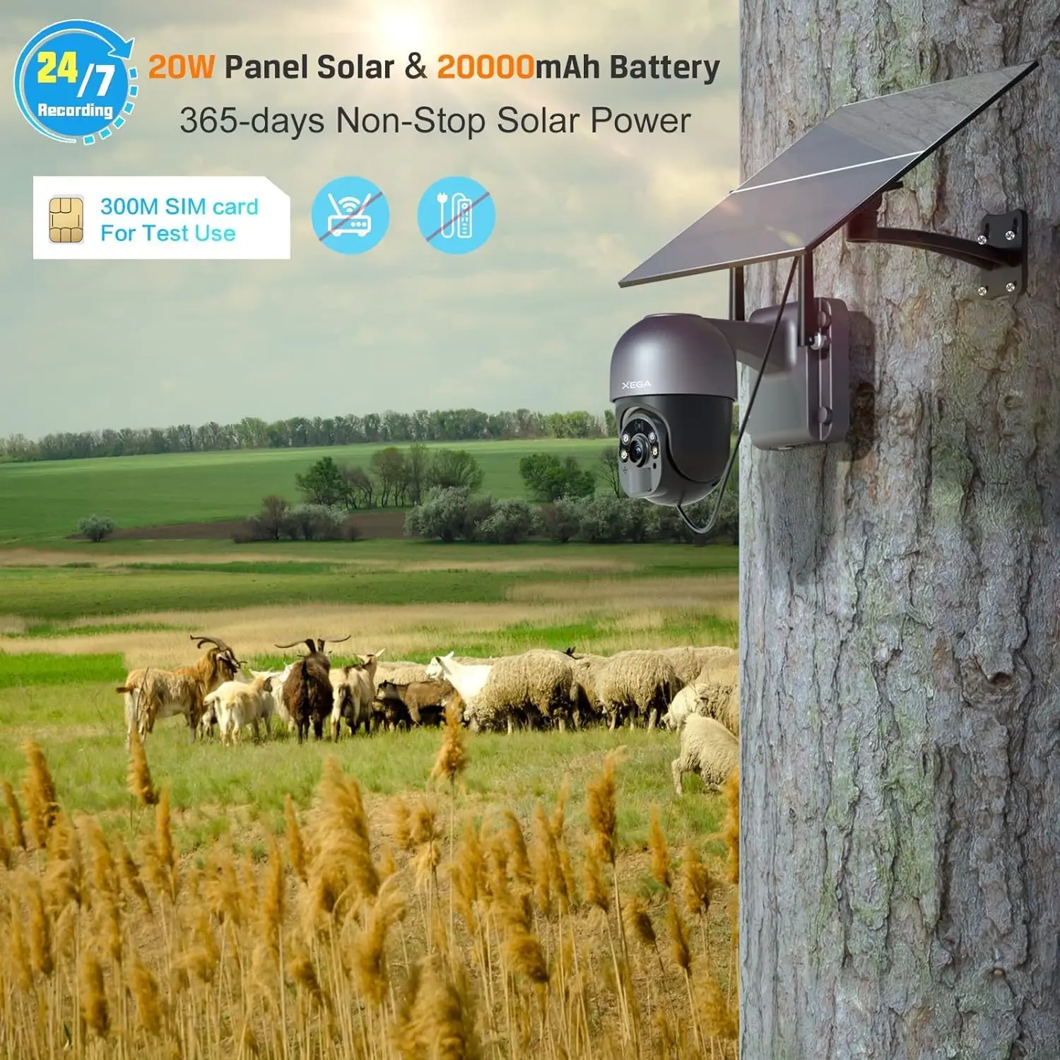 Xega 4G SIM Surveillance Camera Solar Panel 20W 20000mAh Battery 24h Recording 2K Color Night Vision Human Detection IP Camera