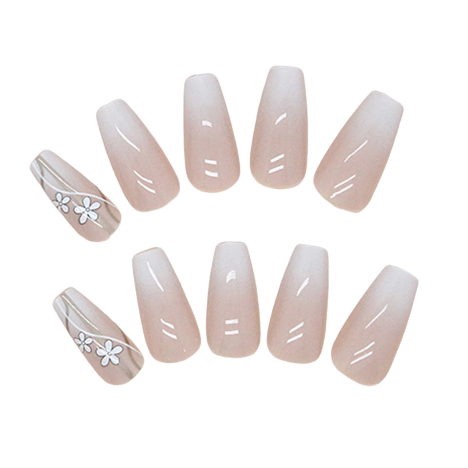 Beige Flower Medium Ballerina Nails Long Lasting Safe Material Waterproof False Nails for Daily Office Routine Duties