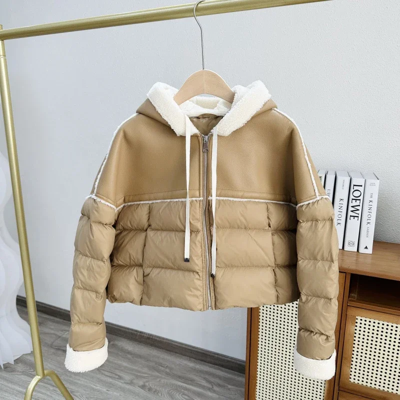 

2026 Women PU Leather Patchwork White Duck Down Jacket with Hood Autumn Winter Thick Warm Outwear Loose Coat