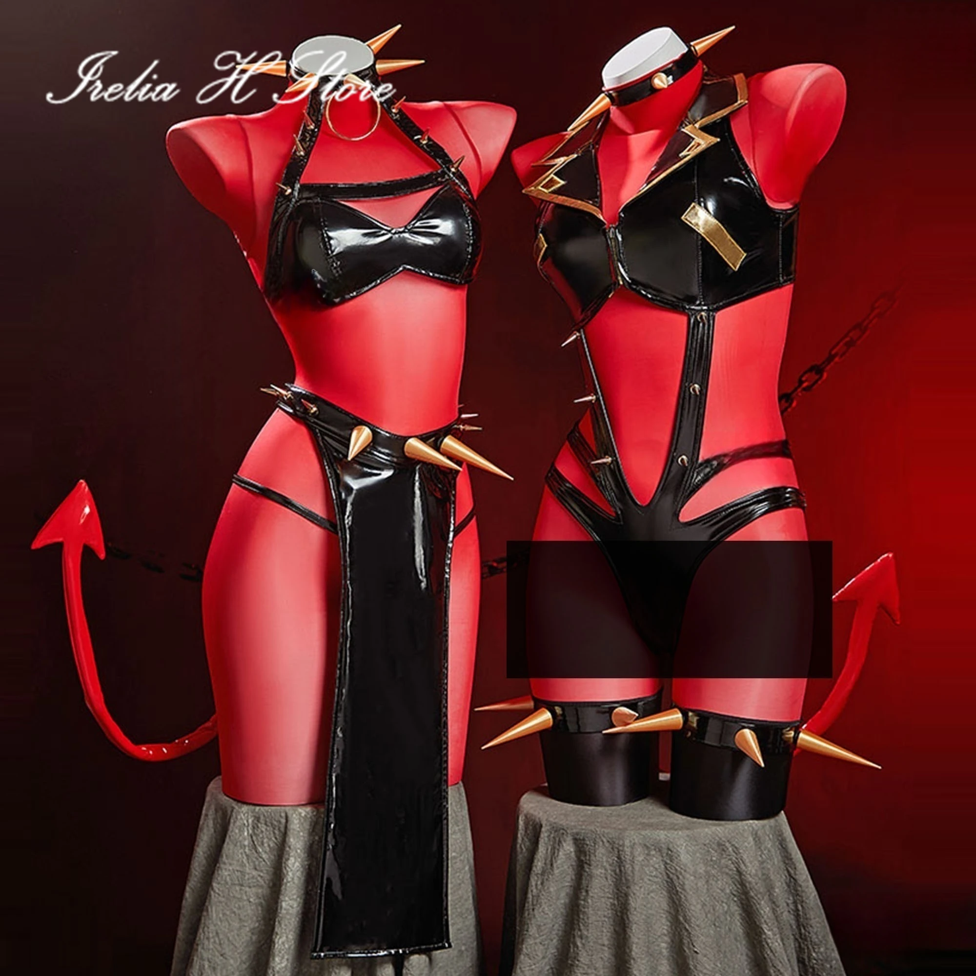 

Irelia H Store Трусики и чулки с подвязками Demon Sister Косплей Костюм Пу Комбинезон Сексуальное женское белье частная фотосессия