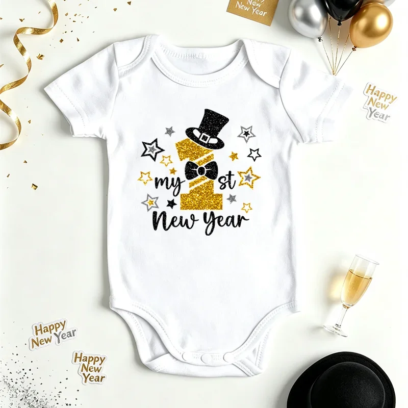 My 1st New Year Printed Baby Short Sleeve Bodysuit Newborn Jumpsuit Cute Holiday Photo Props Outfit Infant Festival Clothes