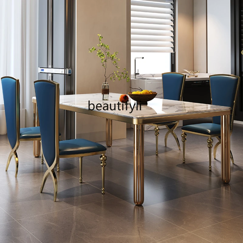 

Italian Mild Luxury Marble Dining Tables and Chairs Set Rectangular Dining Table Household Dining Table