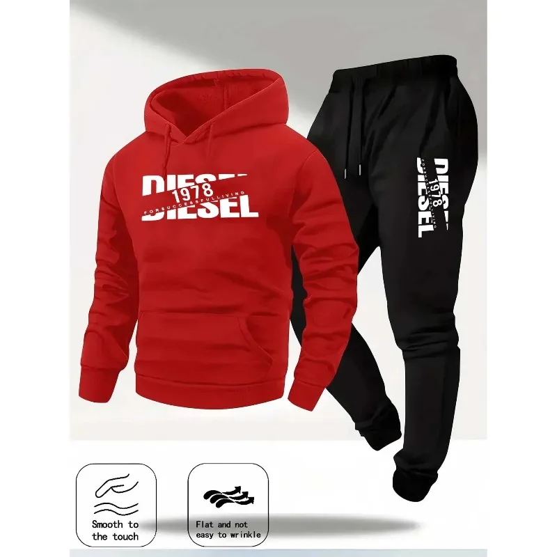 Herenmode print trainingspak sweatshirt met capuchon + joggingbroek set herfst winter casual fitness jogging sport tweedelige unisex outfit - afbeelding 2