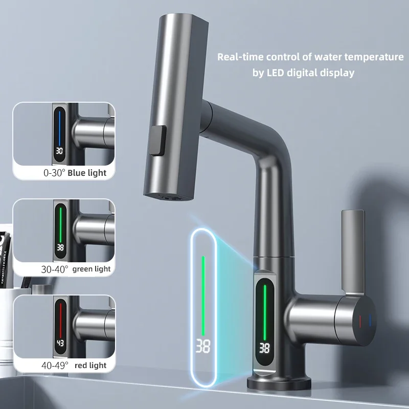 Imagem -02 - Torneira de Água Quente e Fria Inteligente para Banheiro Retire o Termômetro Digital Revolve Tap Pia da Cozinha Levante para Baixo