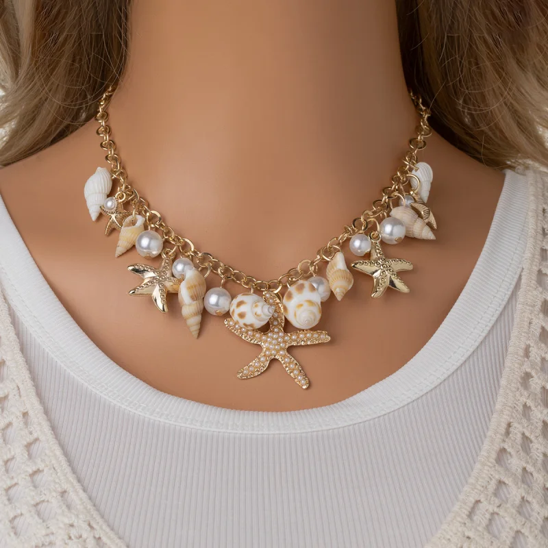 

Bohemian Ethnic Style Starfish Natural Conch Pearl Pendant Adjustable Ladies Necklace