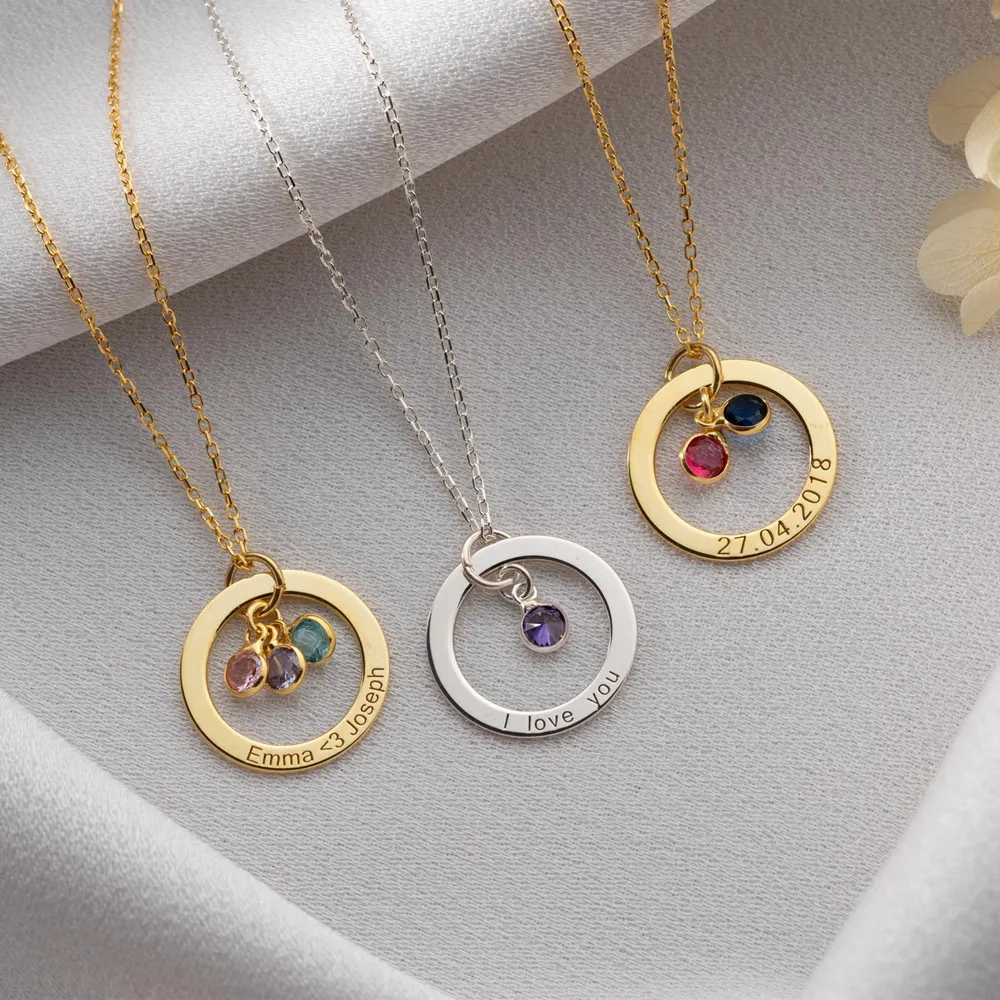 Engraved Name Circle Necklace Personalized Wedding Jewelry Custom Multiple Birthstone Grandma Mom Necklace Eternal Choker Gift