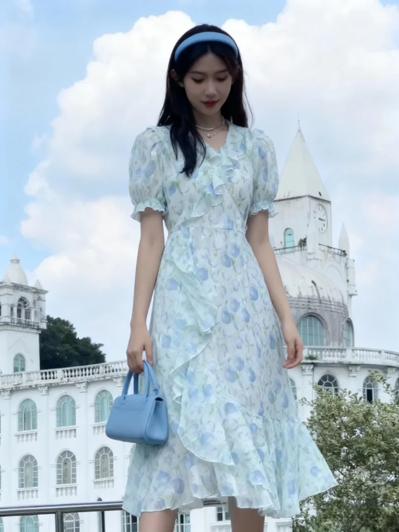 NUOMICI Primavera Verano vestido de mujer falda de cola de pez Floral dulce lindo Puff manga vestido largo pradera Chic turismo Camping trajes