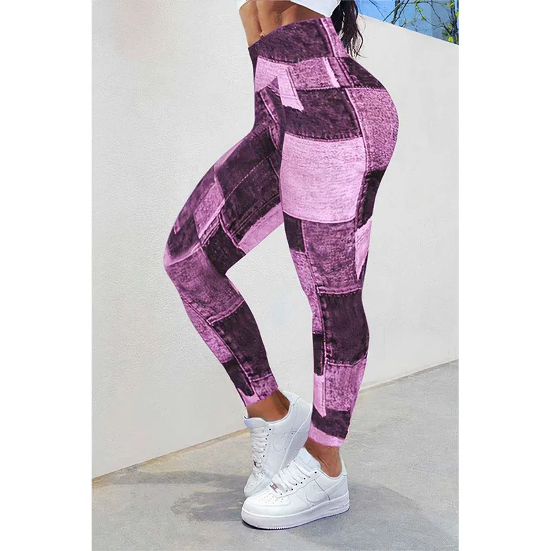 FCCEXIO Denim Stitching Print Women Sports Leggings High Waist Running Sexy Tight Fitness Workout Yoga Gym Push Up Pants New