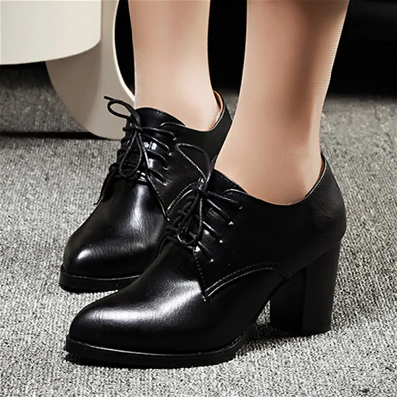 Women\'s Pump Shallow Brogue Shoes Vintage Chunky Heel Oxford Lace-Up Fashion Elegant Ladies High Heels Beige Black Brown Red