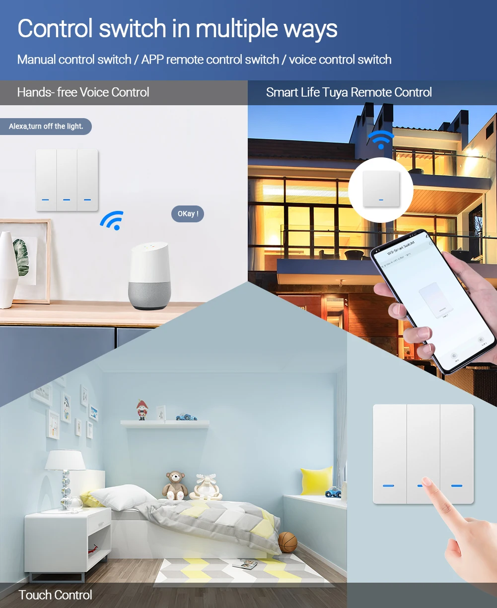 Somgoms WiFi Smart Push Button Switch RF433  No Neutral Required Tuya APP Control Alexa Google Home Voice Control 2/3 Way