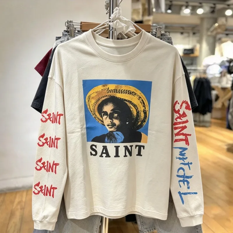 Straw Hat Portrait Square Print Paint Graffiti Letters Logo Saint Long Sleeved Tshirts White Ink Direct Spray Tee Men Women
