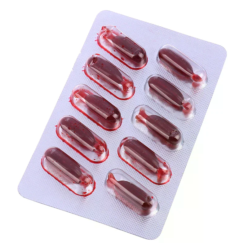 10 Uds. De pastillas de sangre falsas, cápsulas de juguete de vampiro, juguete divertido de terror, juguete de broma de Halloween
